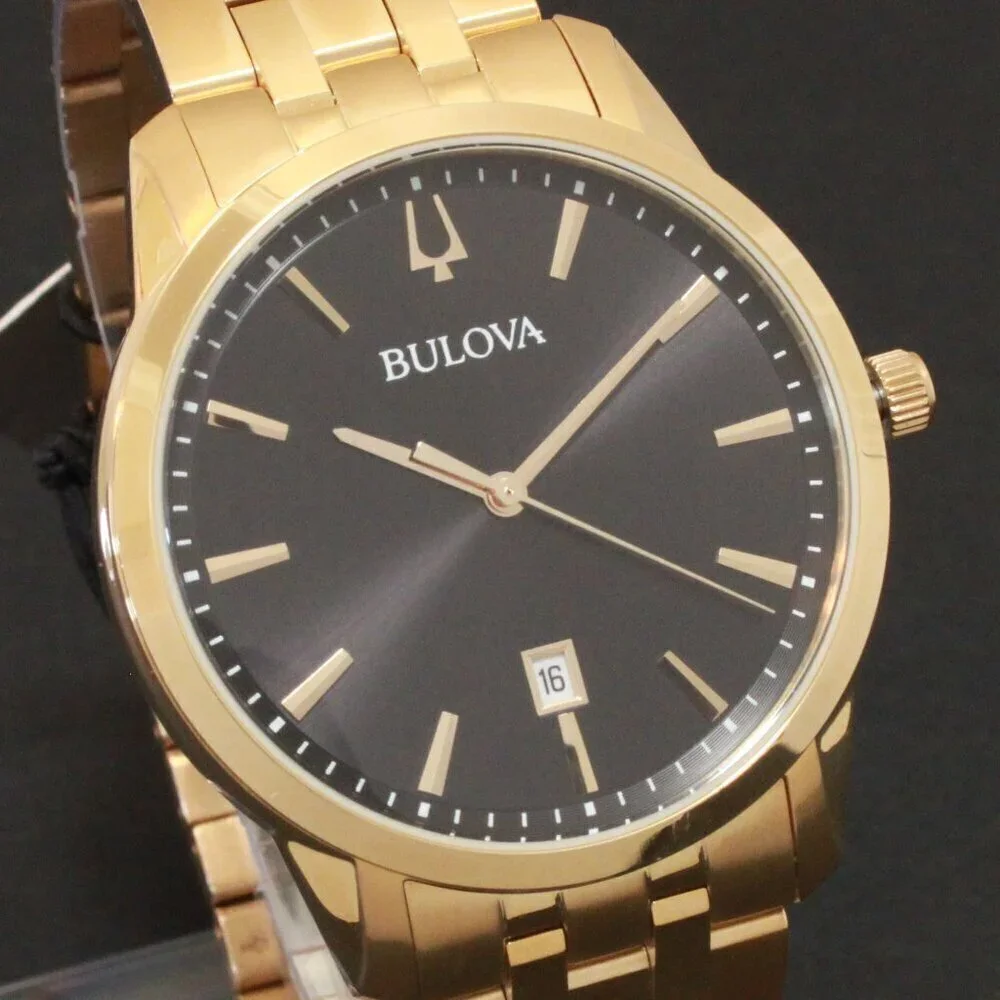Bulova Men's Classic Sutton Watch Gold Tone Black Dial Date At Six 40mm